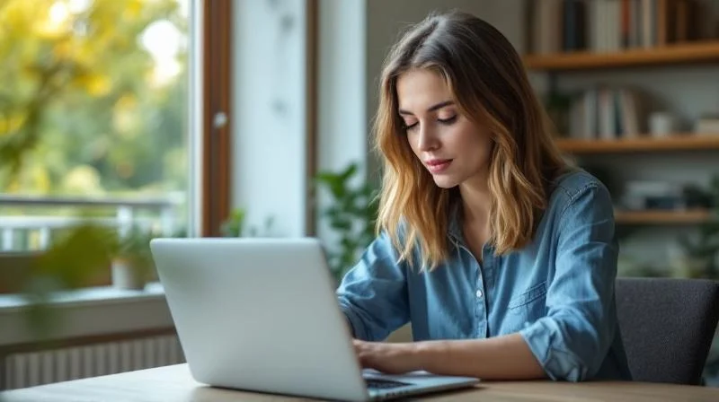 Frau arbeitet am Laptop in einem hellen Bonner Apartment mit Blick ins Gruene
