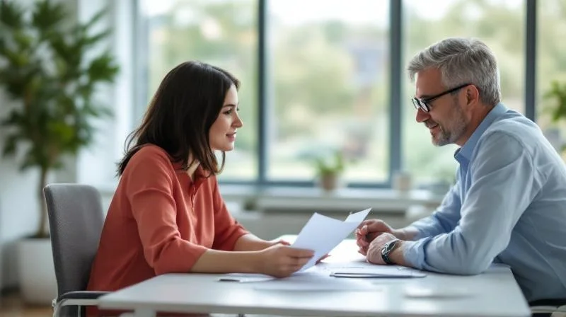 Zwei Berufstaetige besprechen Unterlagen an einem Tisch in einem modernen Buero in Bonn