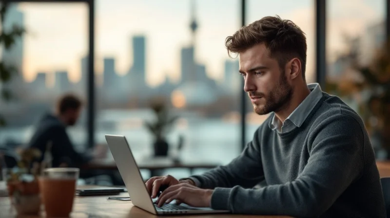 Bonner Angestellter mit Laptop im Coworking-Space, im Hintergrund Skyline mit Telekom-Hochhaus