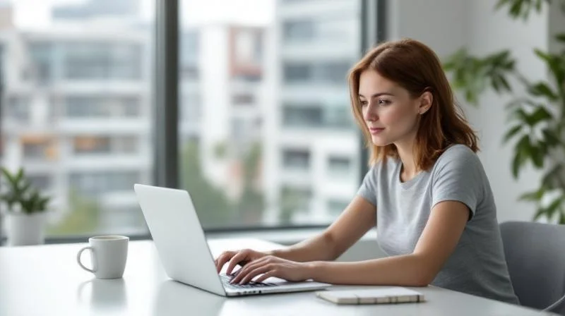 Frau lernt am Laptop in einem modernen Bonner Buero