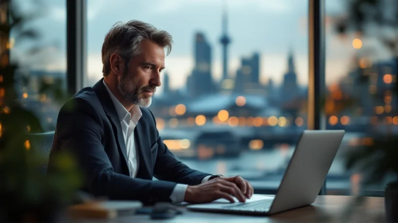 Geschäftsführer im Bonner Büro mit Blick auf den Rheinauenpark und Telekom-Hochhaus im Hintergrund