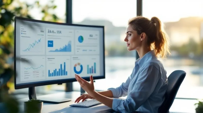 Quereinsteigerin in einem modernen Bonner Tech-Büro analysiert Daten auf einem großen Bildschirm vor Rheinpanorama