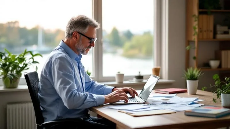 Mann mittleren Alters in einem Bonner Homeoffice mit Rheinblick prüft Steuerbelege am Schreibtisch