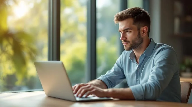 Mann lernt am Laptop in einem modernen Bonner Buero mit Blick auf den Rhein