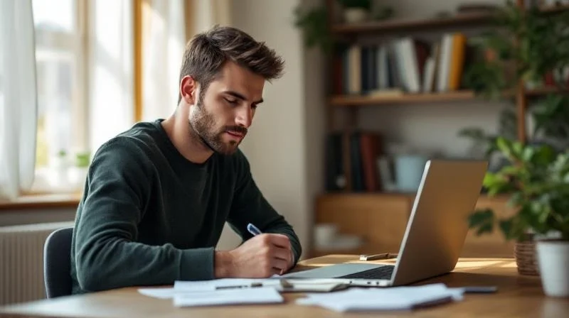 Junger Mann lernt am Schreibtisch mit Laptop und Unterlagen in einer Wohnung in Bonn